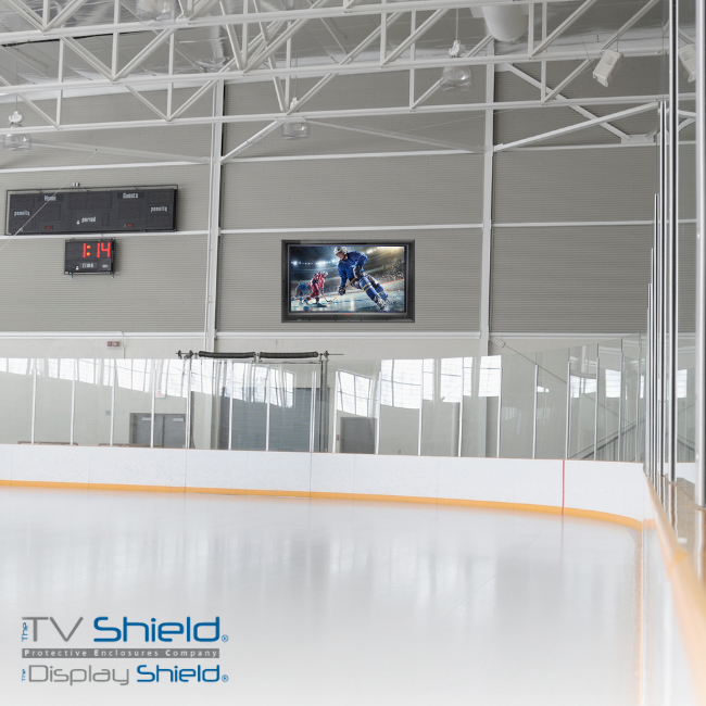 The Display Shield TV and display enclosure hockey puck rink digital signage protector