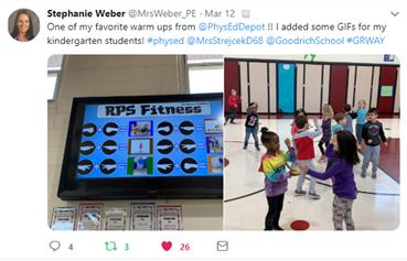 A screenshot of a tweet by a teacher demonstrating how a TV enclosure can be used for PE demonstrations
